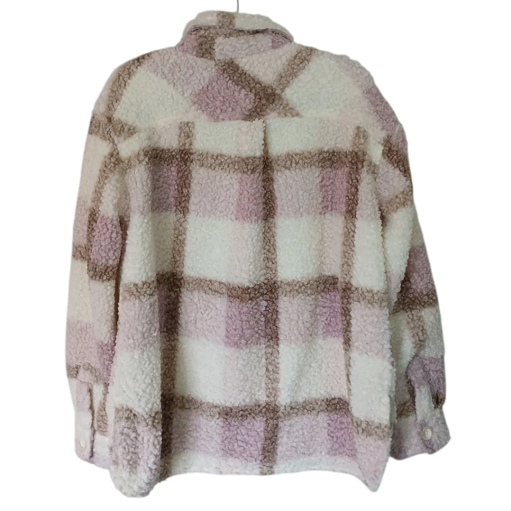 Mable Anthropologie Plaid Sherpa Barn Button Down Jacket Pink Cream Medium - Picture 2 of 9